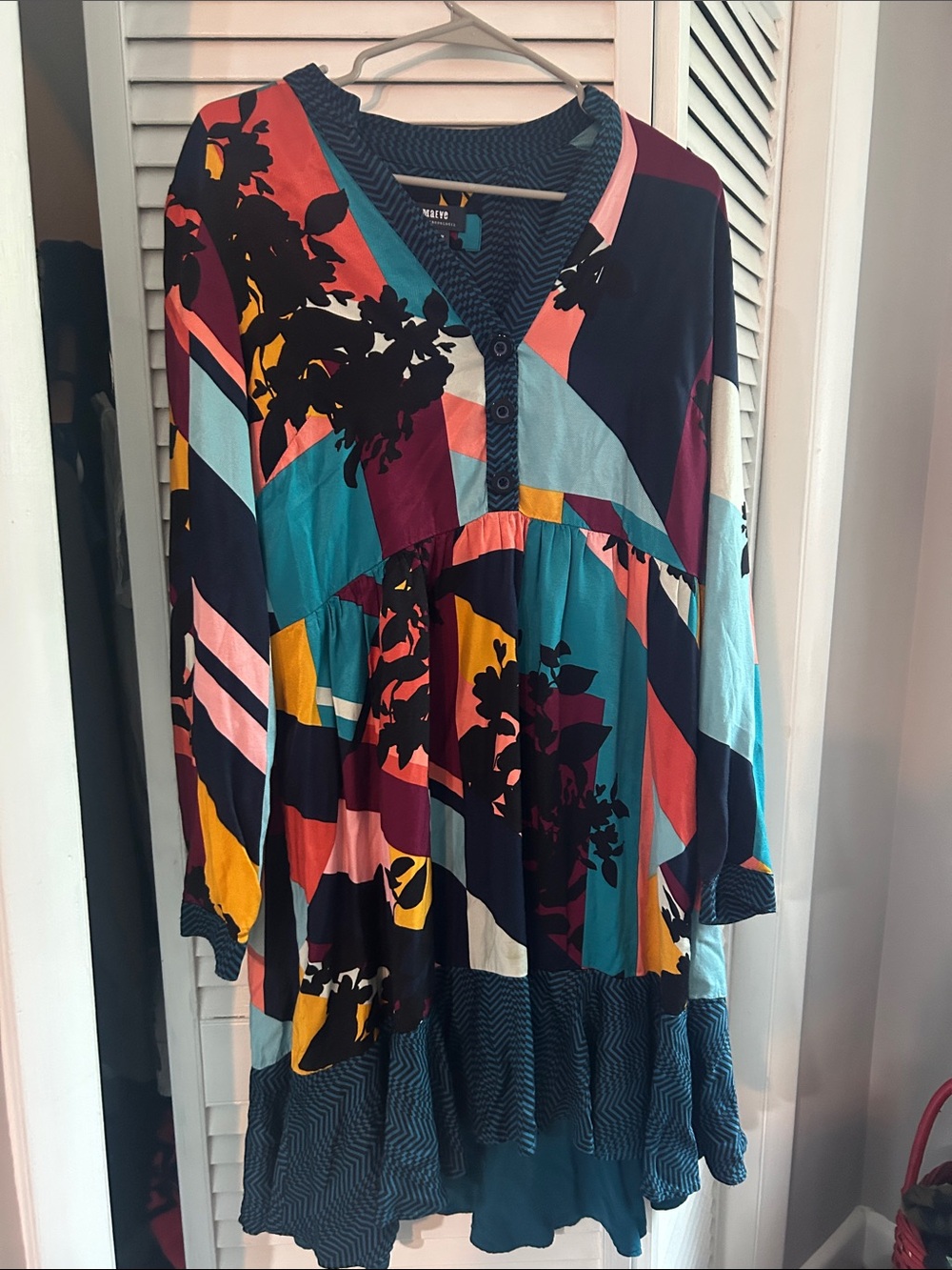 Boho Anthropologie Mauve Long Sleeve Multi‑Color Geometric Floral Women's Dress